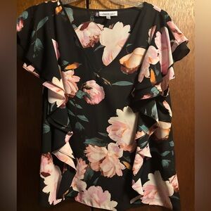 NWOT Jennifer Lopez Black blouse with Pink Floral Design